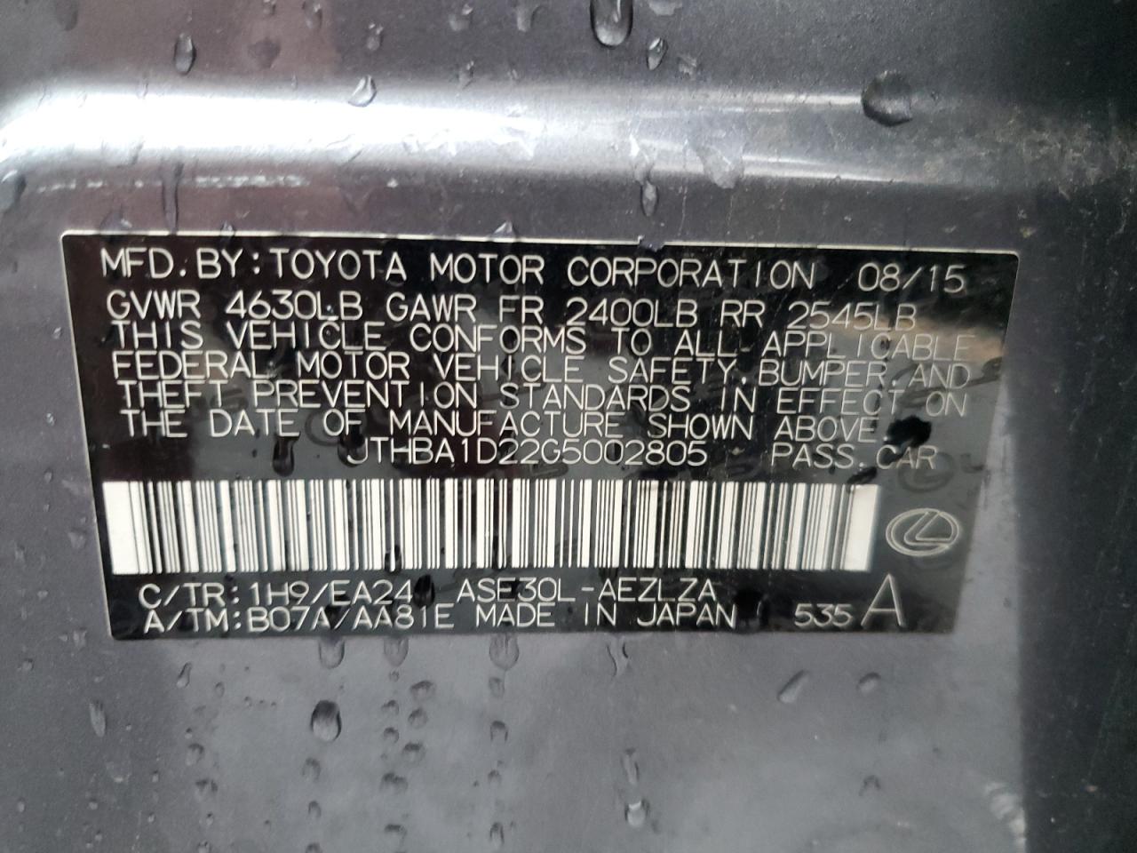 2016 Lexus Is 200T VIN: JTHBA1D22G5002805 Lot: 93339325