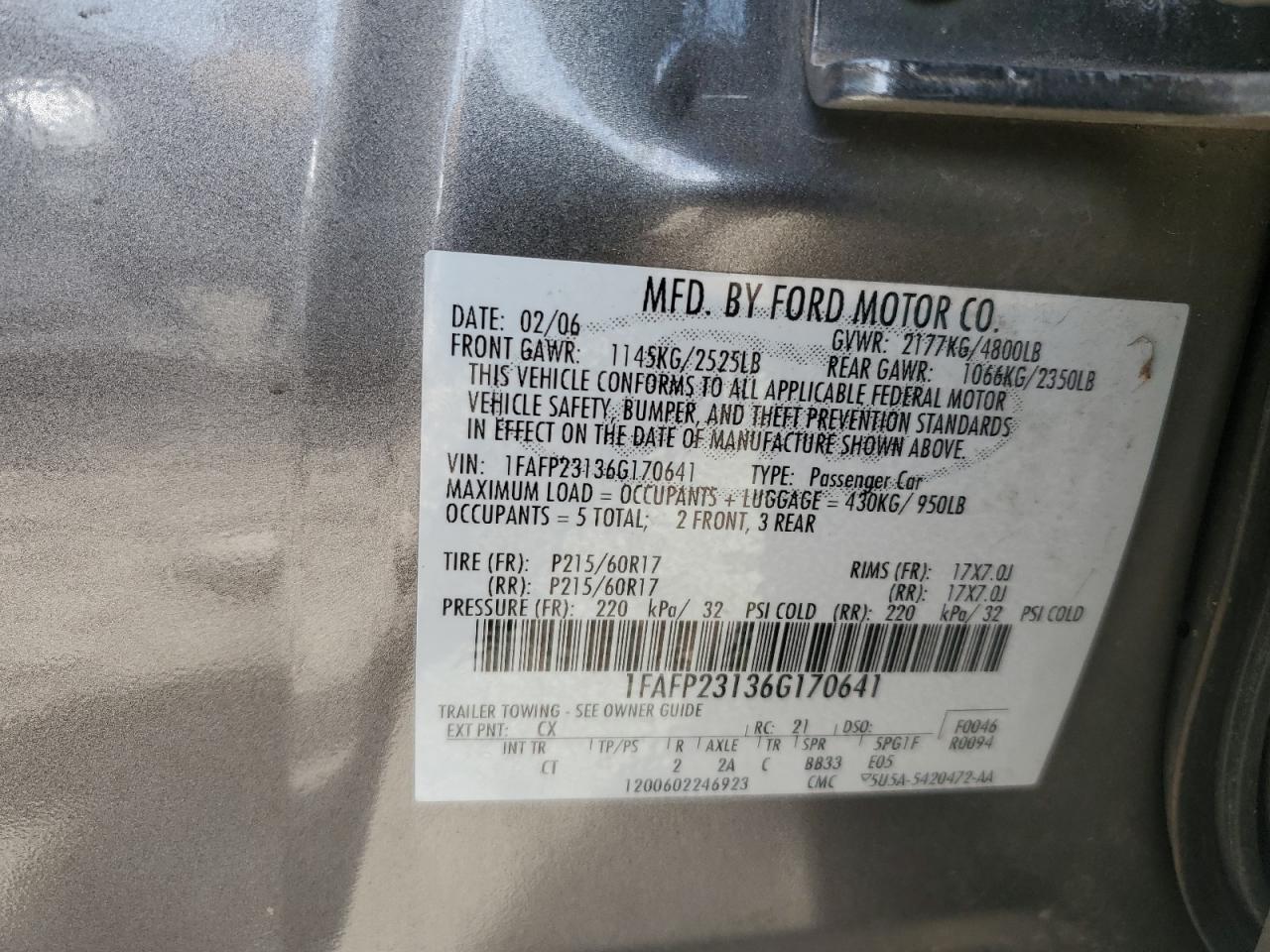 2006 Ford Five Hundred Se VIN: 1FAFP23136G170641 Lot: 92649535