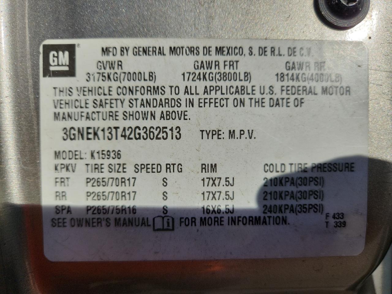 2002 Chevrolet Avalanche K1500 VIN: 3GNEK13T42G362513 Lot: 92679175