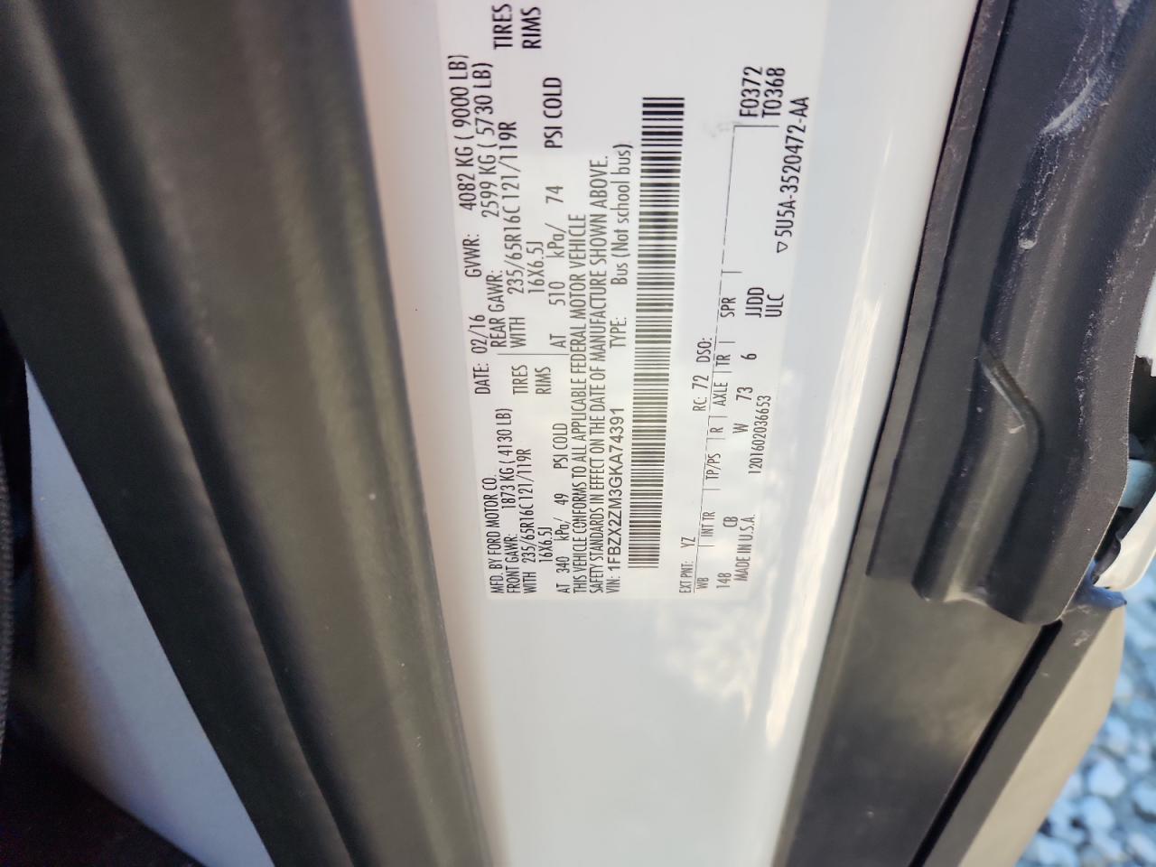 2016 Ford Transit T-350 VIN: 1FBZX2ZM3GKA74391 Lot: 91471265