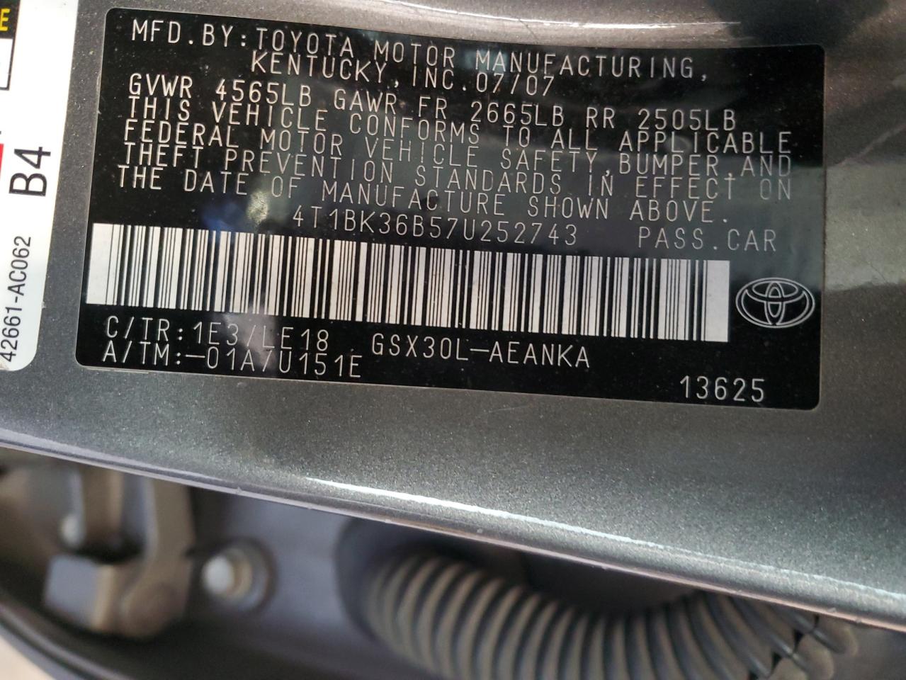 2007 Toyota Avalon Xl VIN: 4T1BK36B57U252743 Lot: 92630795