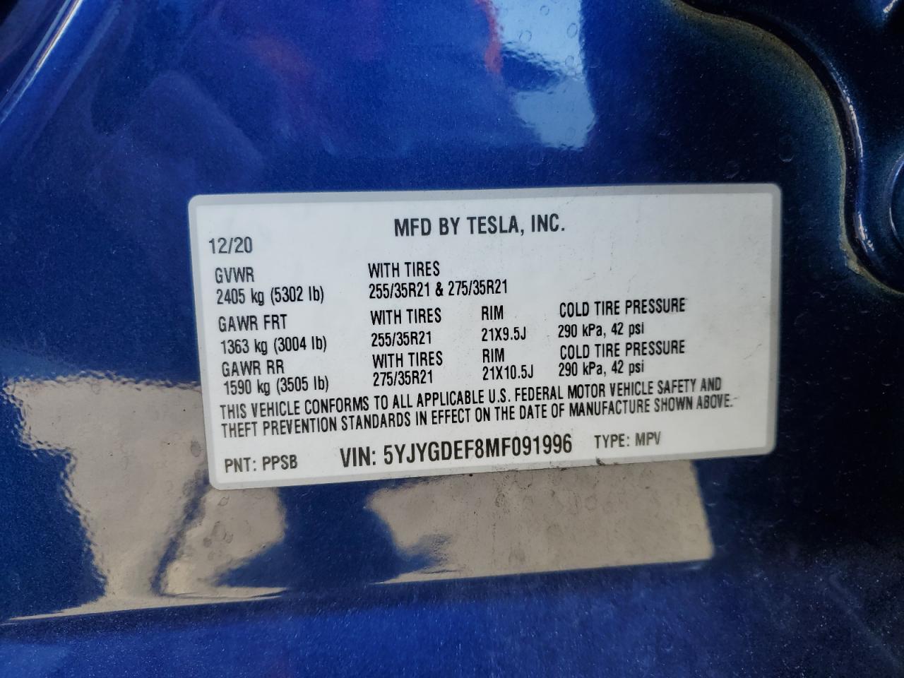 2021 Tesla Model Y VIN: 5YJYGDEF8MF091996 Lot: 91911825