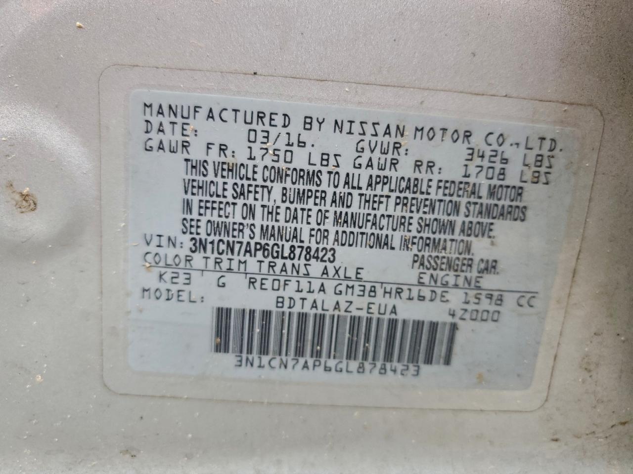 2016 Nissan Versa S VIN: 3N1CN7AP6GL878423 Lot: 93894805