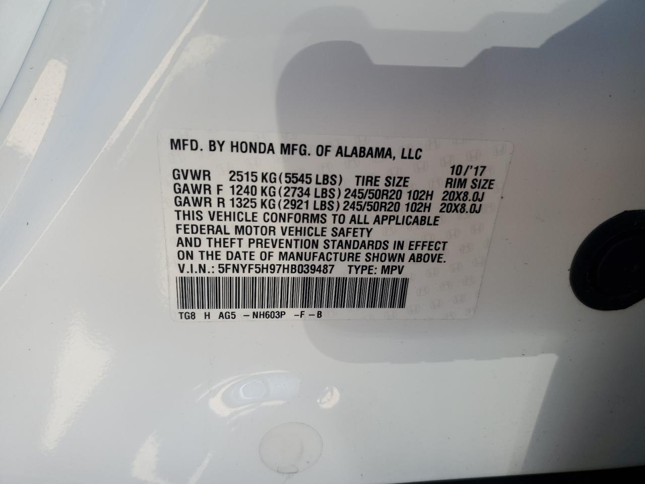 2017 Honda Pilot Touring VIN: 5FNYF5H97HB039487 Lot: 90976975