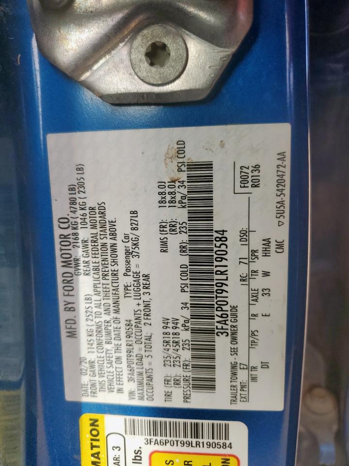 2020 Ford Fusion Se VIN: 3FA6P0T99LR190584 Lot: 93135365