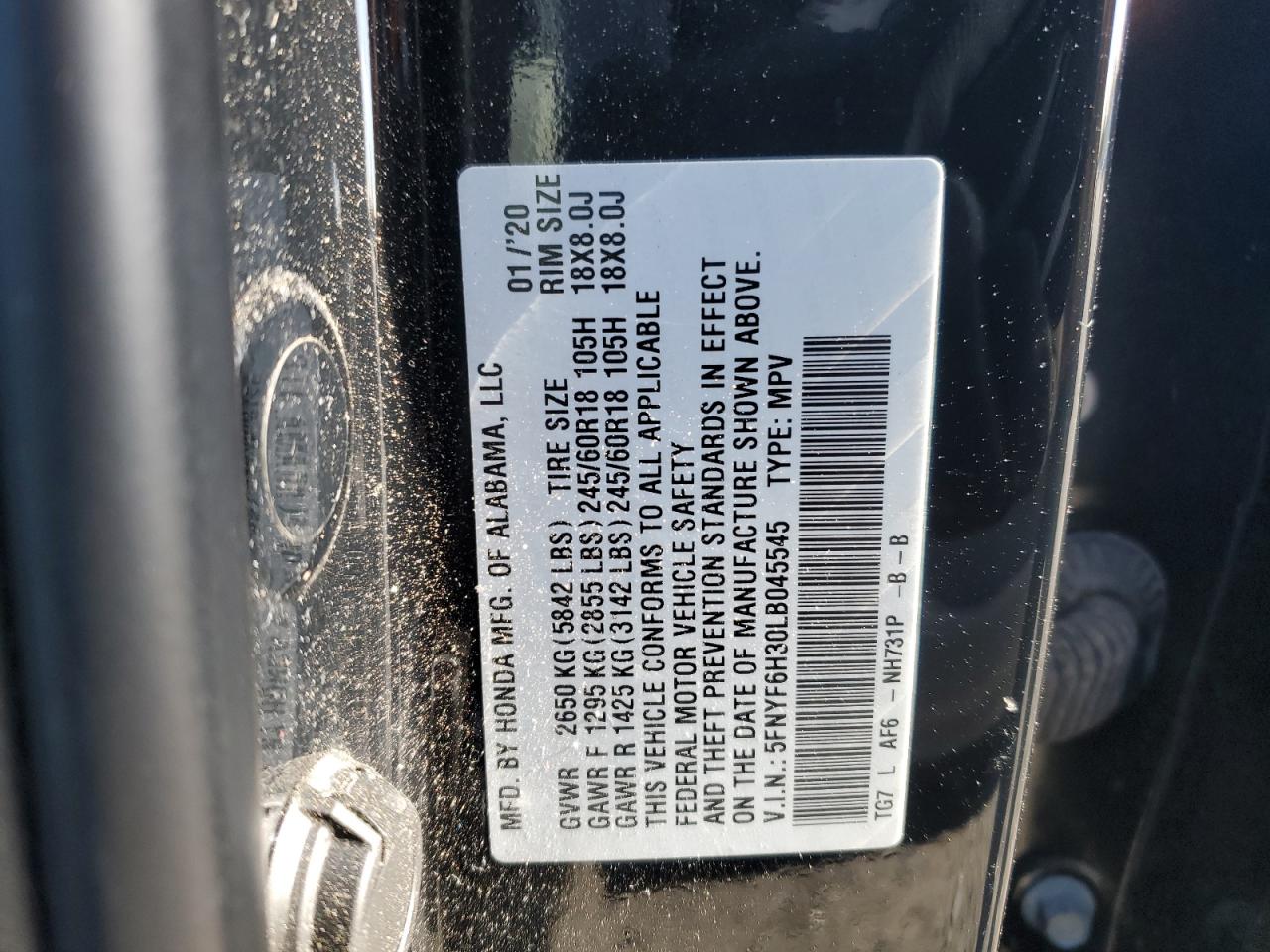 2020 Honda Pilot Ex VIN: 5FNYF6H30LB045545 Lot: 92131325