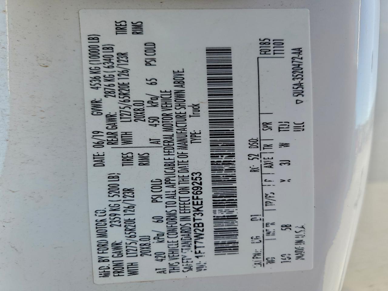 2019 Ford F250 Super Duty VIN: 1FT7W2BT3KEF69253 Lot: 91459735