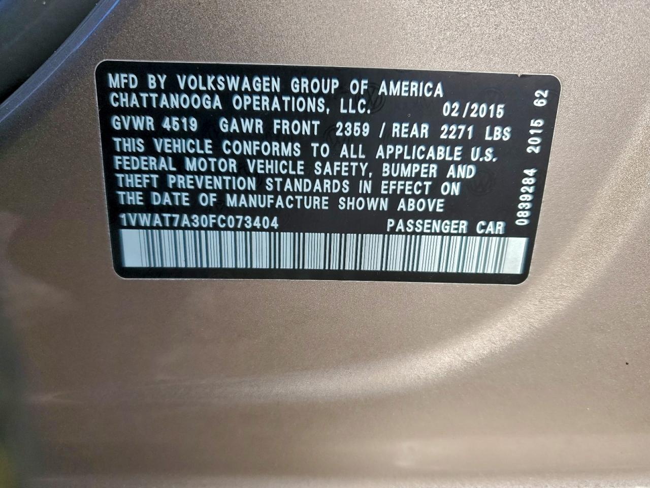 2015 Volkswagen Passat S VIN: 1VWAT7A30FC073404 Lot: 94255755