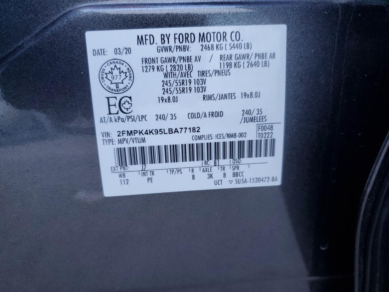 2020 Ford Edge Titanium VIN: 2FMPK4K95LBA77182 Lot: 91555855