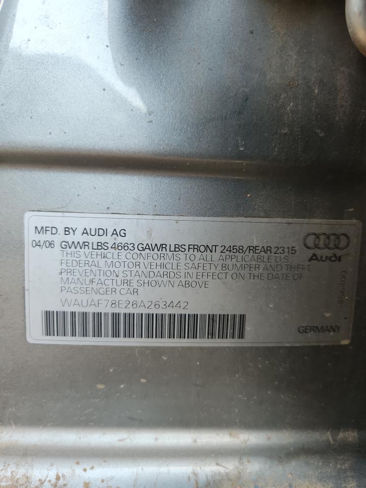 2006 Audi A4 2 Turbo VIN: WAUAF78E26A263442 Lot: 91741995