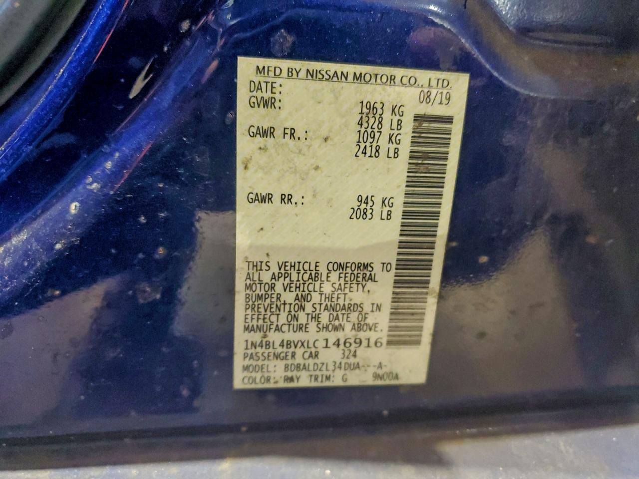 2020 Nissan Altima S VIN: 1N4BL4BVXLC146916 Lot: 94301605