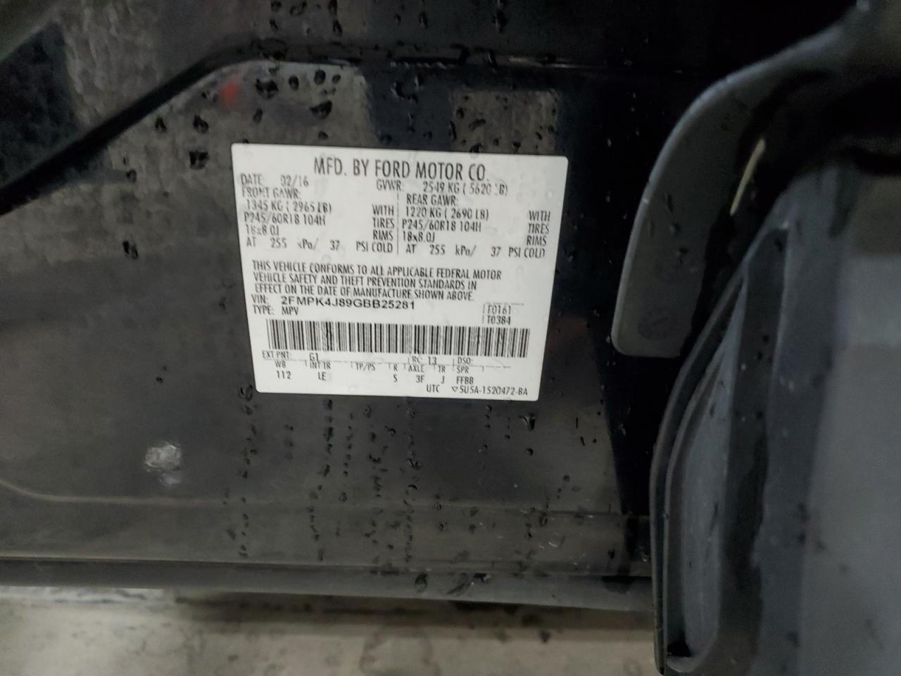 2016 Ford Edge Sel VIN: 2FMPK4J89GBB25281 Lot: 91553825