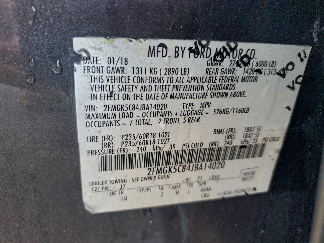 2018 Ford Flex Sel VIN: 2FMGK5C84JBA14020 Lot: 94302865