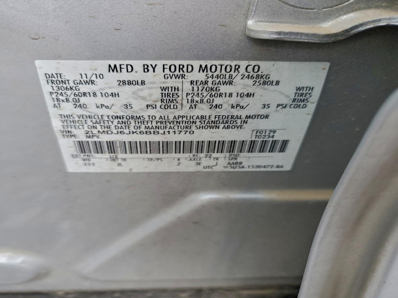 2011 Lincoln Mkx VIN: 2LMDJ6JK6BBJ11770 Lot: 94273405