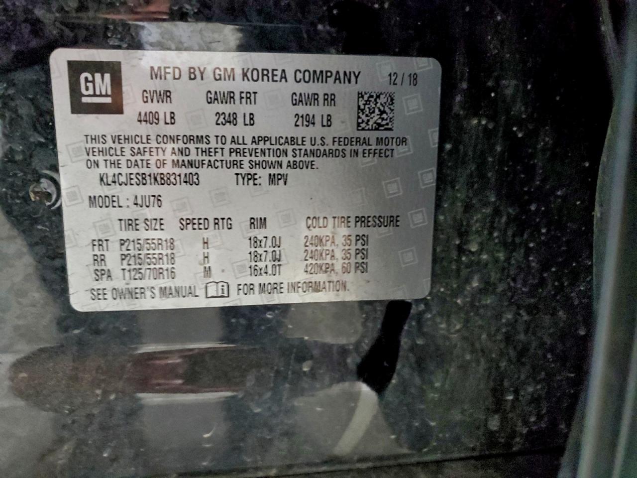 2019 Buick Encore Preferred VIN: KL4CJESB1KB831403 Lot: 93949275