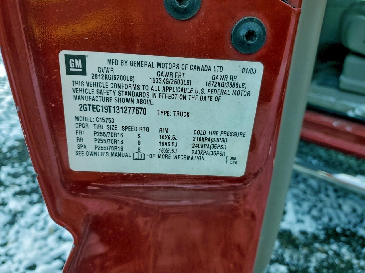 2003 GMC New Sierra C1500 VIN: 2GTEC19T131277670 Lot: 94220735