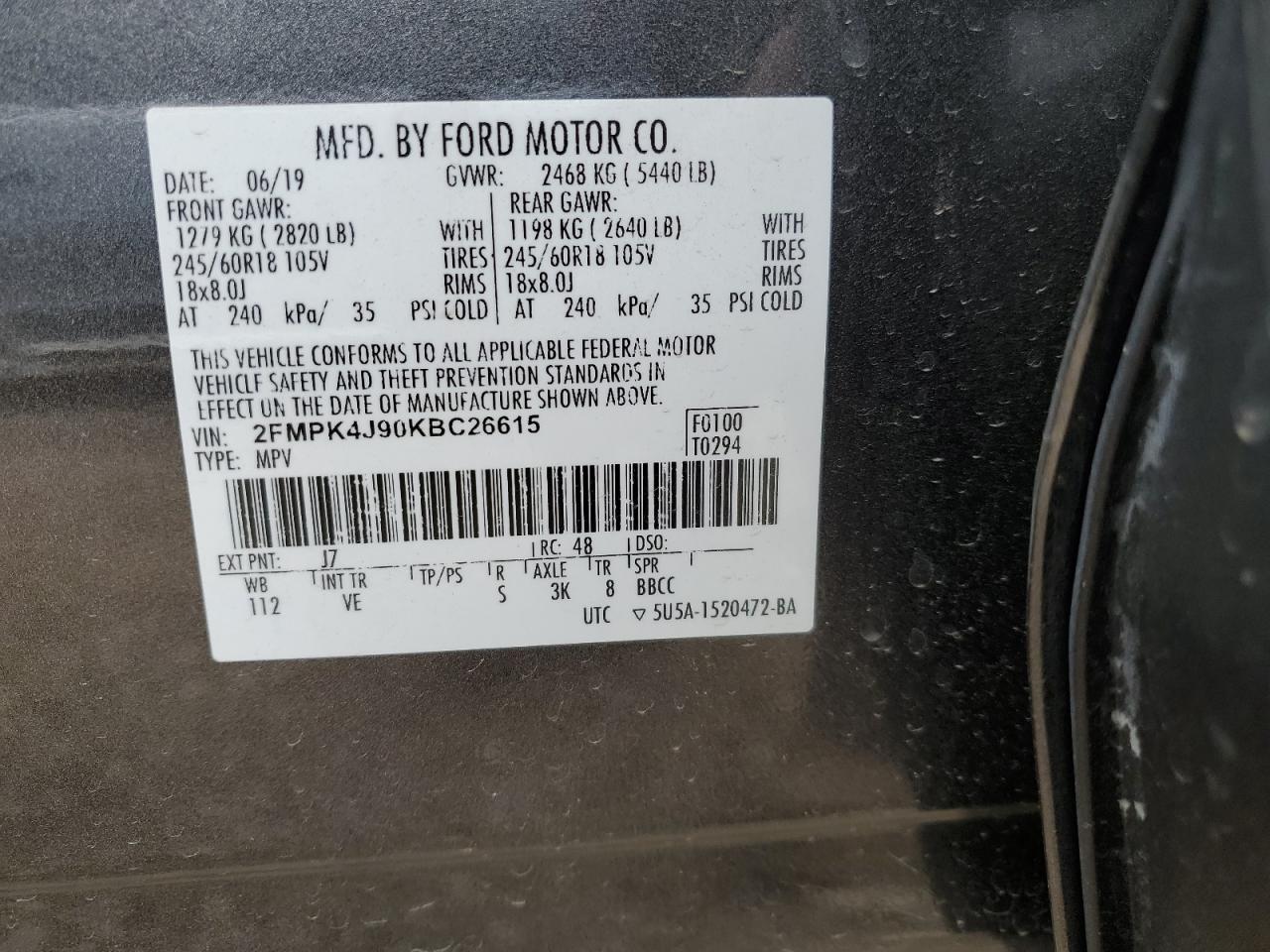 2019 Ford Edge Sel VIN: 2FMPK4J90KBC26615 Lot: 91180065