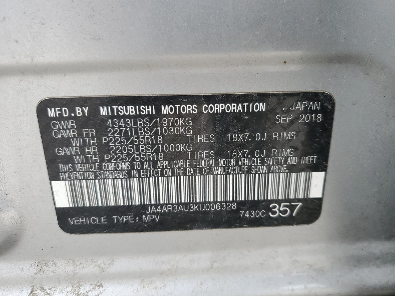 2019 Mitsubishi Outlander Sport Es VIN: JA4AR3AU3KU006328 Lot: 93834515