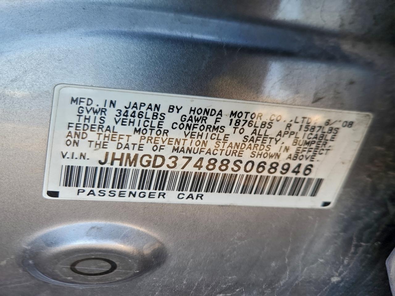 2008 Honda Fit VIN: JHMGD37488S068946 Lot: 93976245