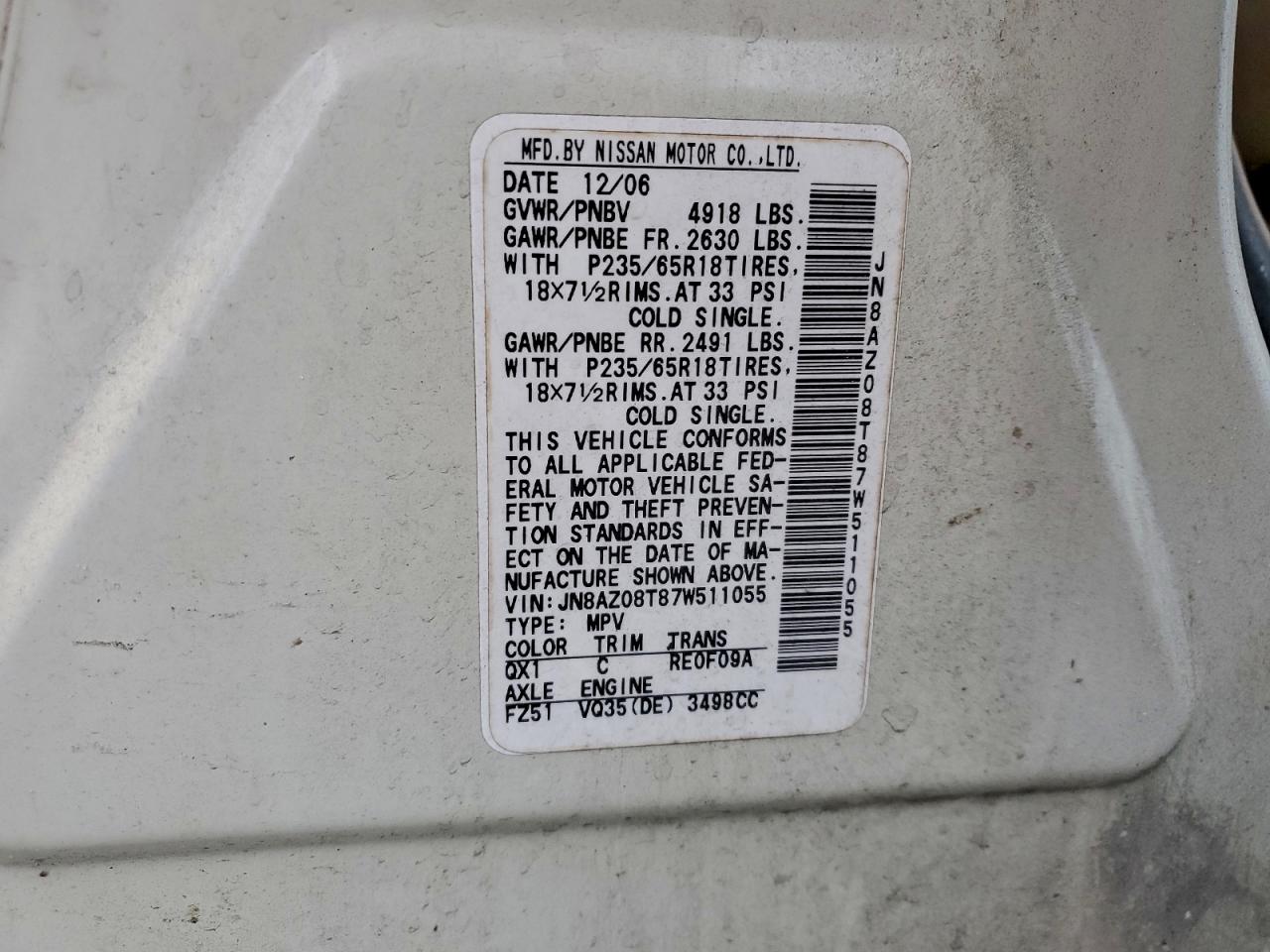 2007 Nissan Murano Sl VIN: JN8AZ08T87W511055 Lot: 94541855