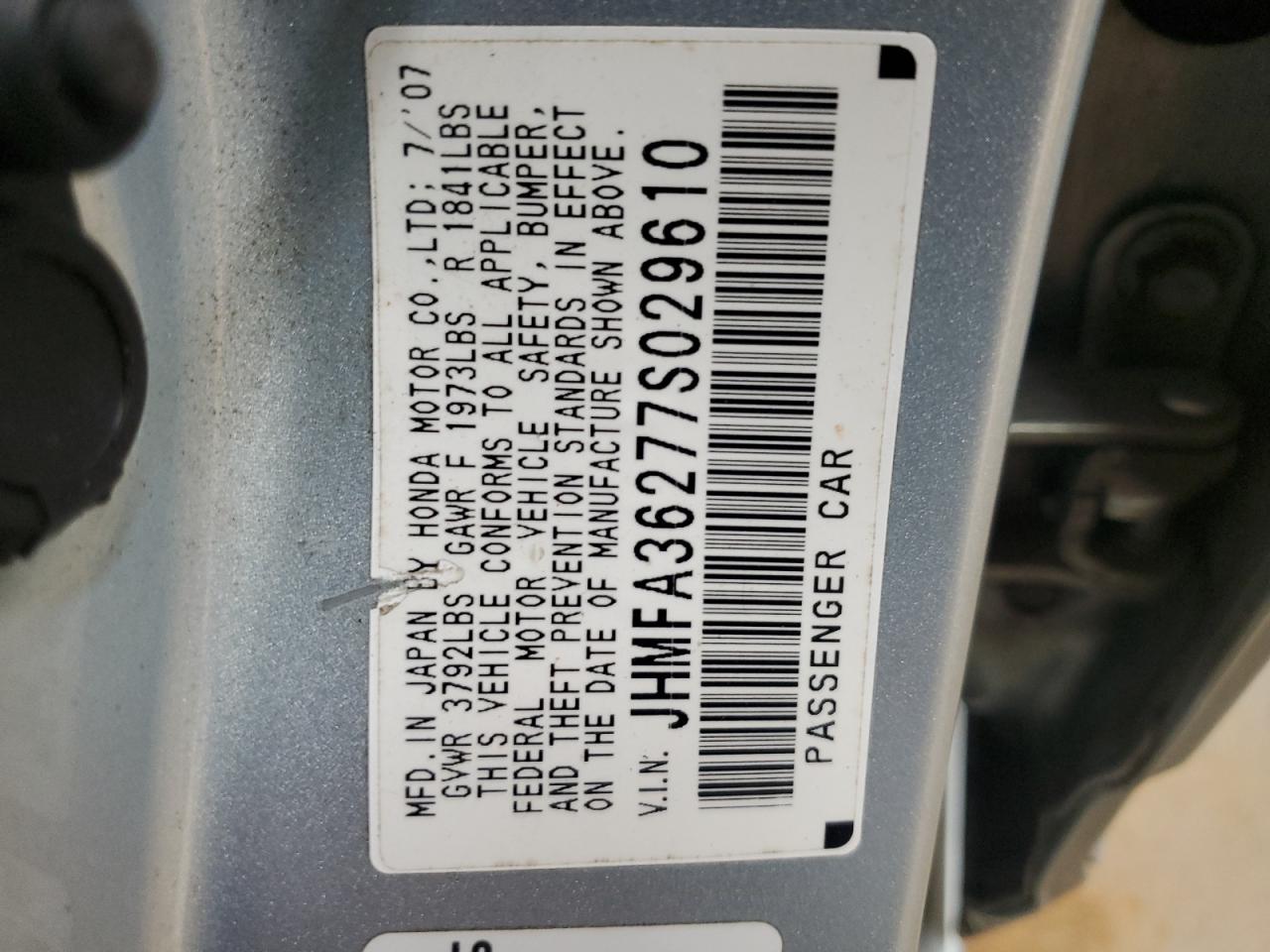 2007 Honda Civic Hybrid VIN: JHMFA36277S029610 Lot: 90670545