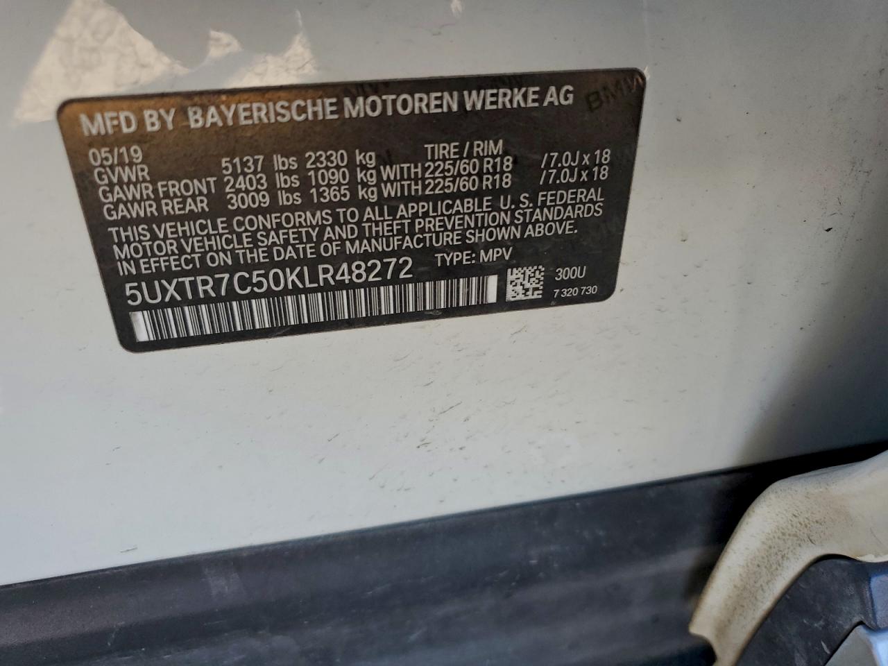 2019 BMW X3 Sdrive30I VIN: 5UXTR7C50KLR48272 Lot: 94759355