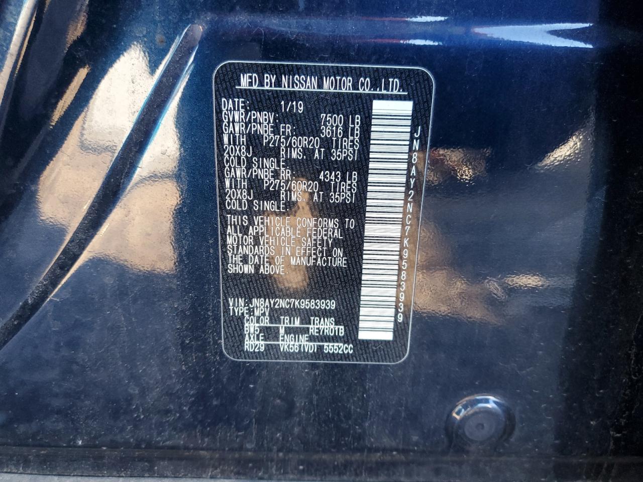 2019 Nissan Armada Sv VIN: JN8AY2NC7K9583939 Lot: 92912495