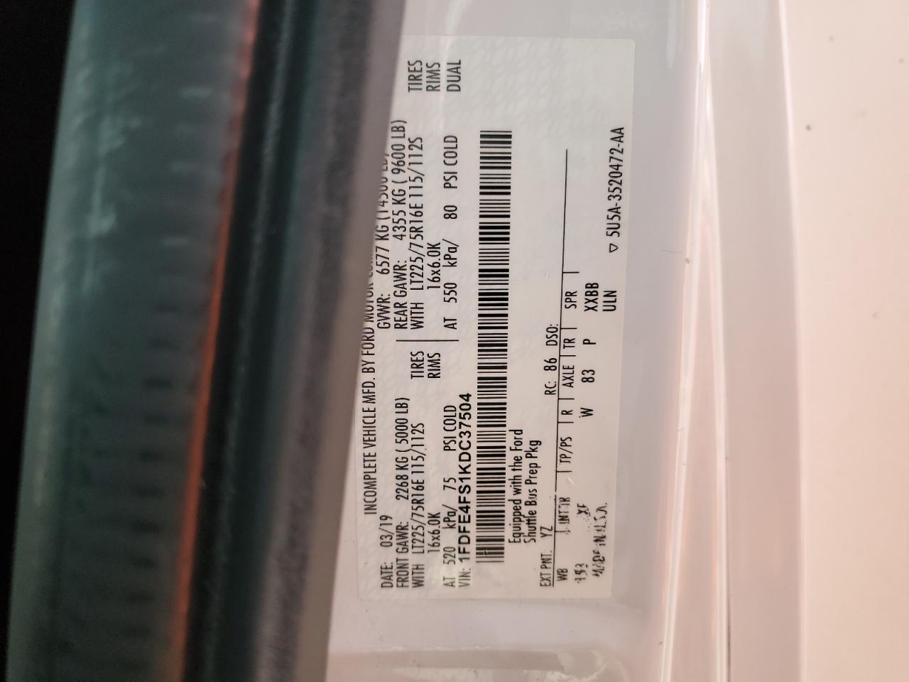 2019 Ford Econoline E450 Super Duty Cutaway Van VIN: 1FDFE4FS1KDC37504 Lot: 92908555