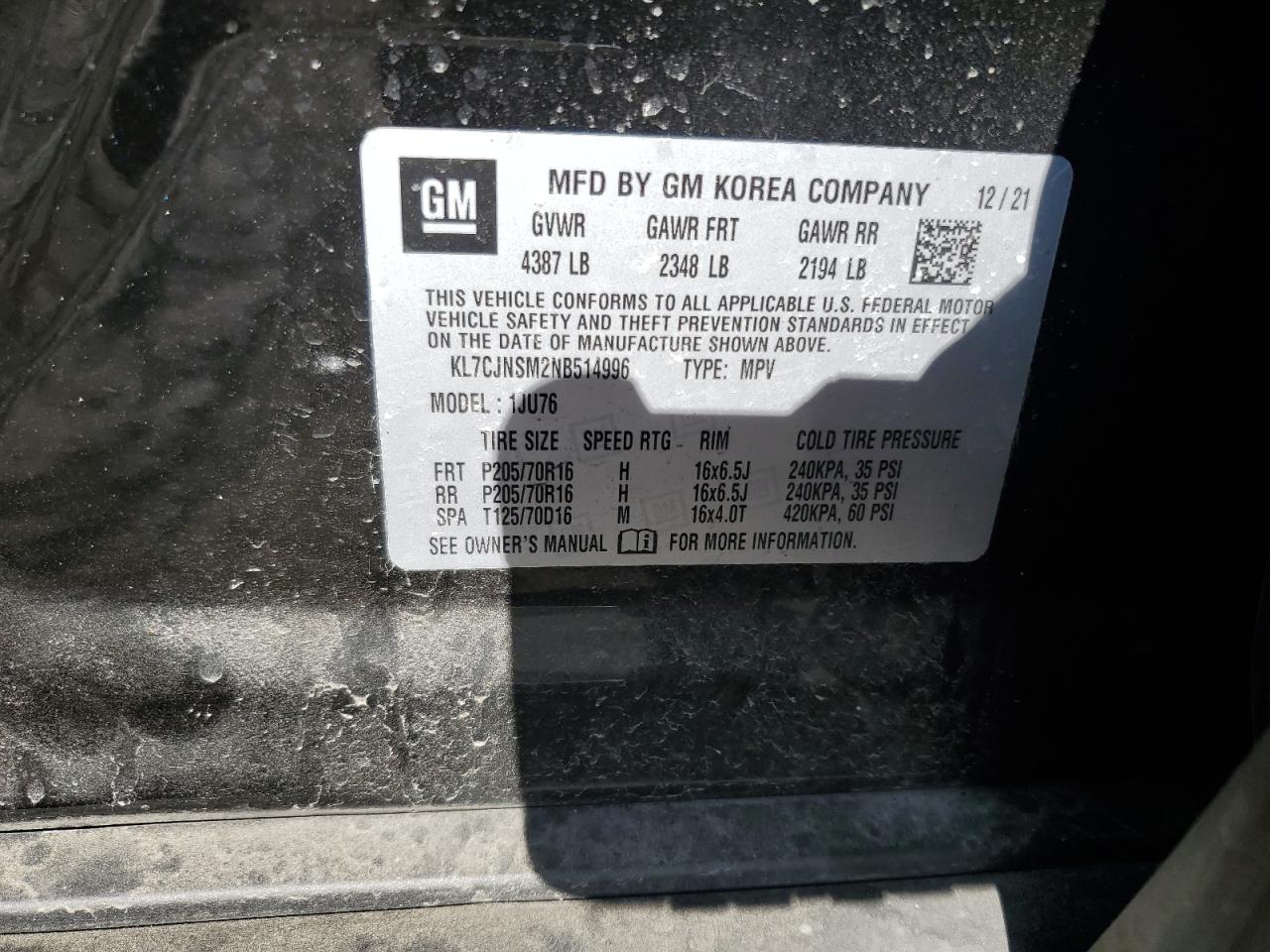 2022 Chevrolet Trax Ls VIN: KL7CJNSM2NB514996 Lot: 92822105