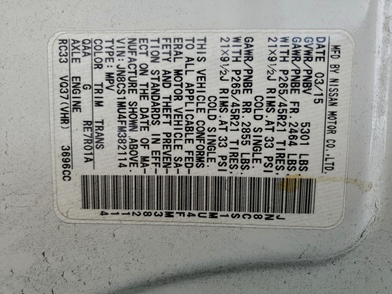 2015 Infiniti Qx70 VIN: JN8CS1MU4FM382114 Lot: 92432465