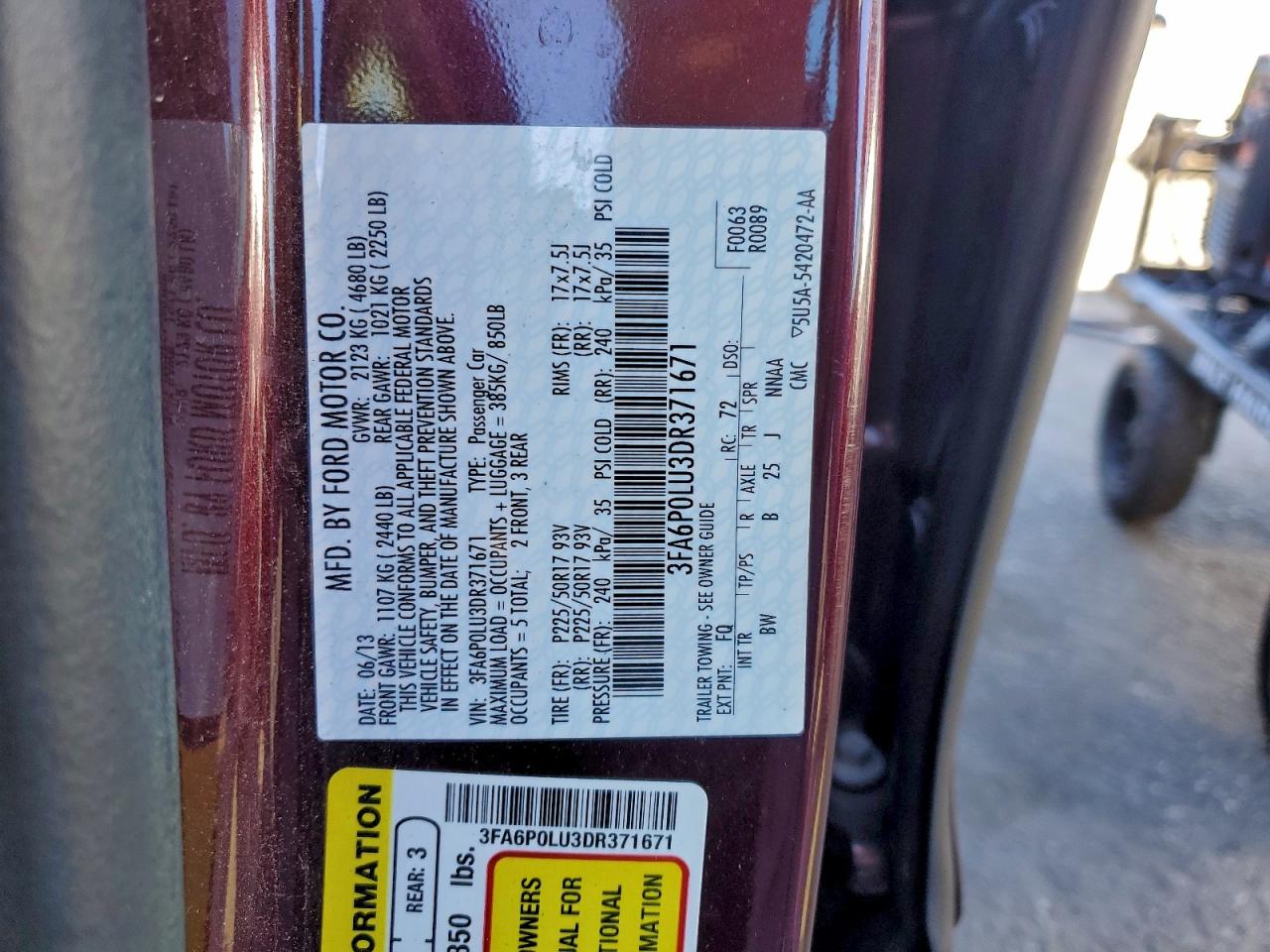 2013 Ford Fusion Se Hybrid VIN: 3FA6P0LU3DR371671 Lot: 92226645