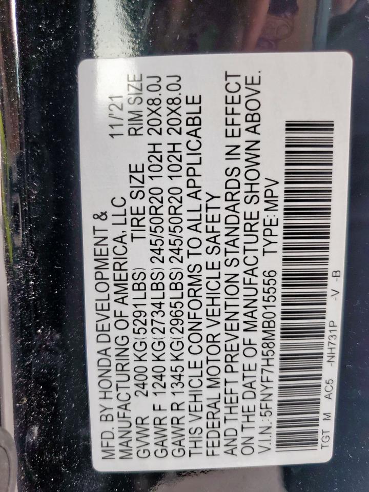 2021 Honda Passport Exl VIN: 5FNYF7H58MB015556 Lot: 93501275