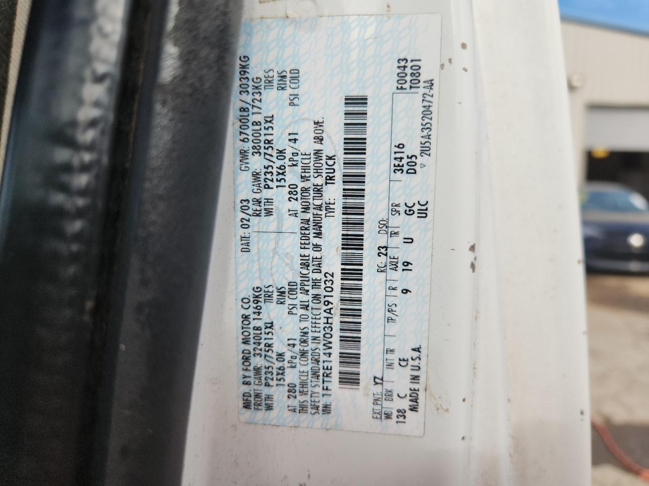 2003 Ford Econoline E150 Van VIN: 1FTRE14W03HA91032 Lot: 92819845