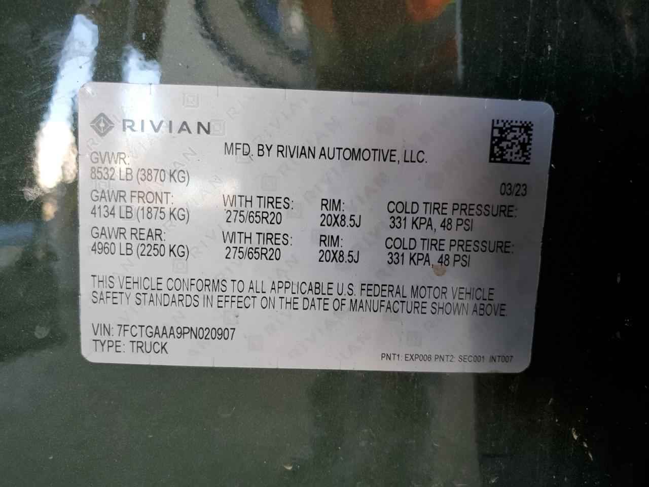 2023 Rivian R1T Adventure VIN: 7FCTGAAA9PN020907 Lot: 90924735