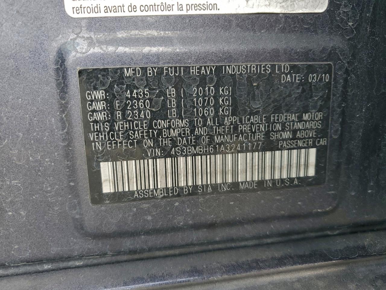 2010 Subaru Legacy 2.5I Premium VIN: 4S3BMBH61A3241177 Lot: 94250905