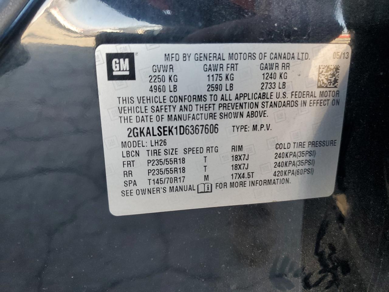 2013 GMC Terrain Sle VIN: 2GKALSEK1D6367606 Lot: 91580555