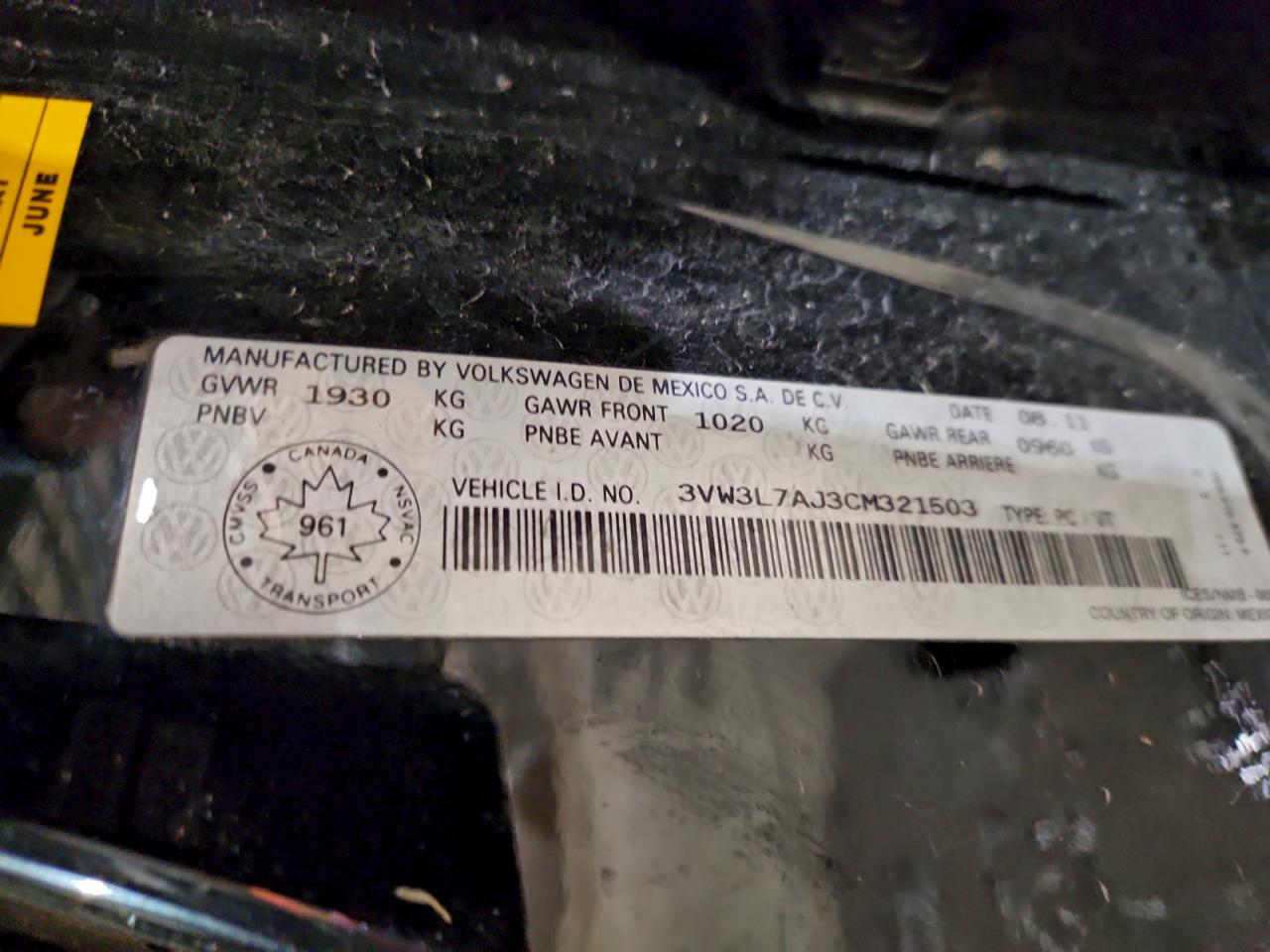 2012 Volkswagen Jetta Tdi VIN: 3VW3L7AJ3CM321503 Lot: 95066265