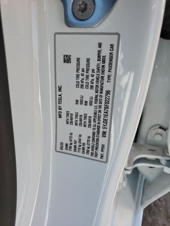 2025 Tesla Model 3 VIN: 5YJ3E1EA7SF022796 Lot: 93095115