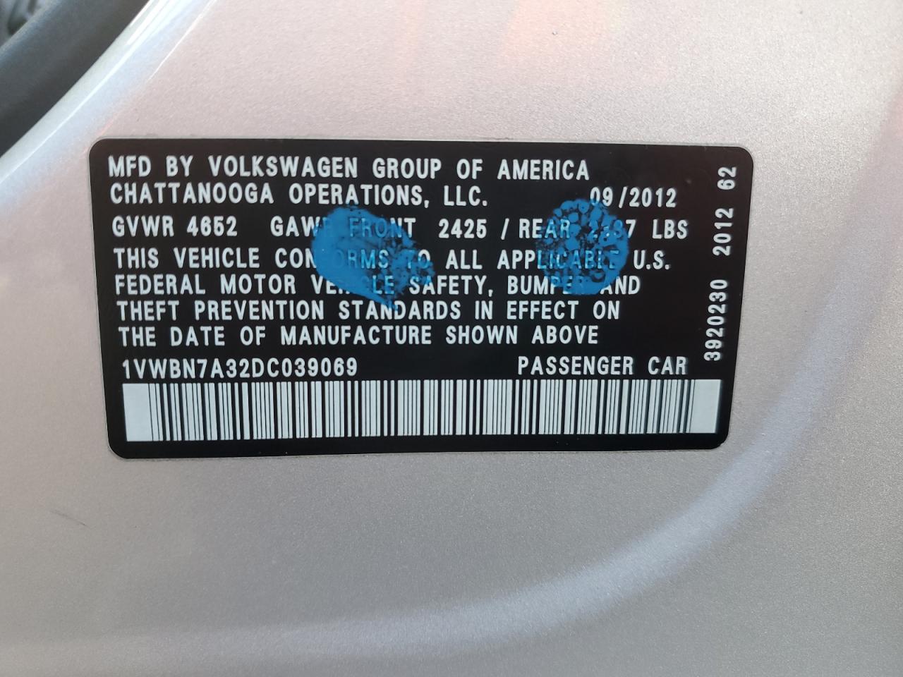 2013 Volkswagen Passat Se VIN: 1VWBN7A32DC039069 Lot: 93443355