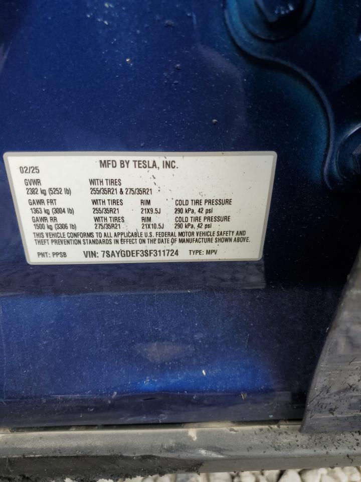 2025 Tesla Model Y VIN: 7SAYGDEF3SF311724 Lot: 93604395