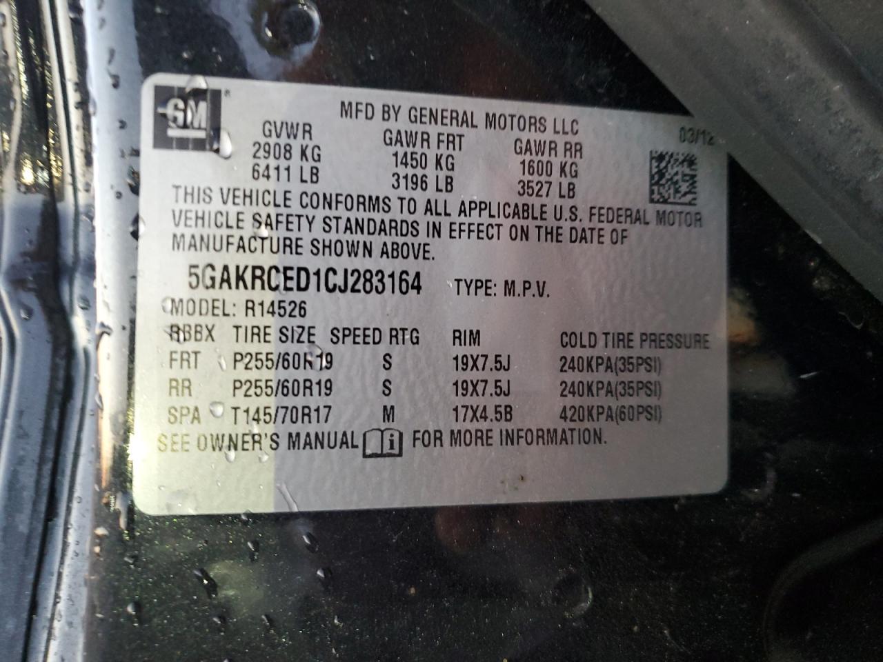 2012 Buick Enclave VIN: 5GAKRCED1CJ283164 Lot: 92364275