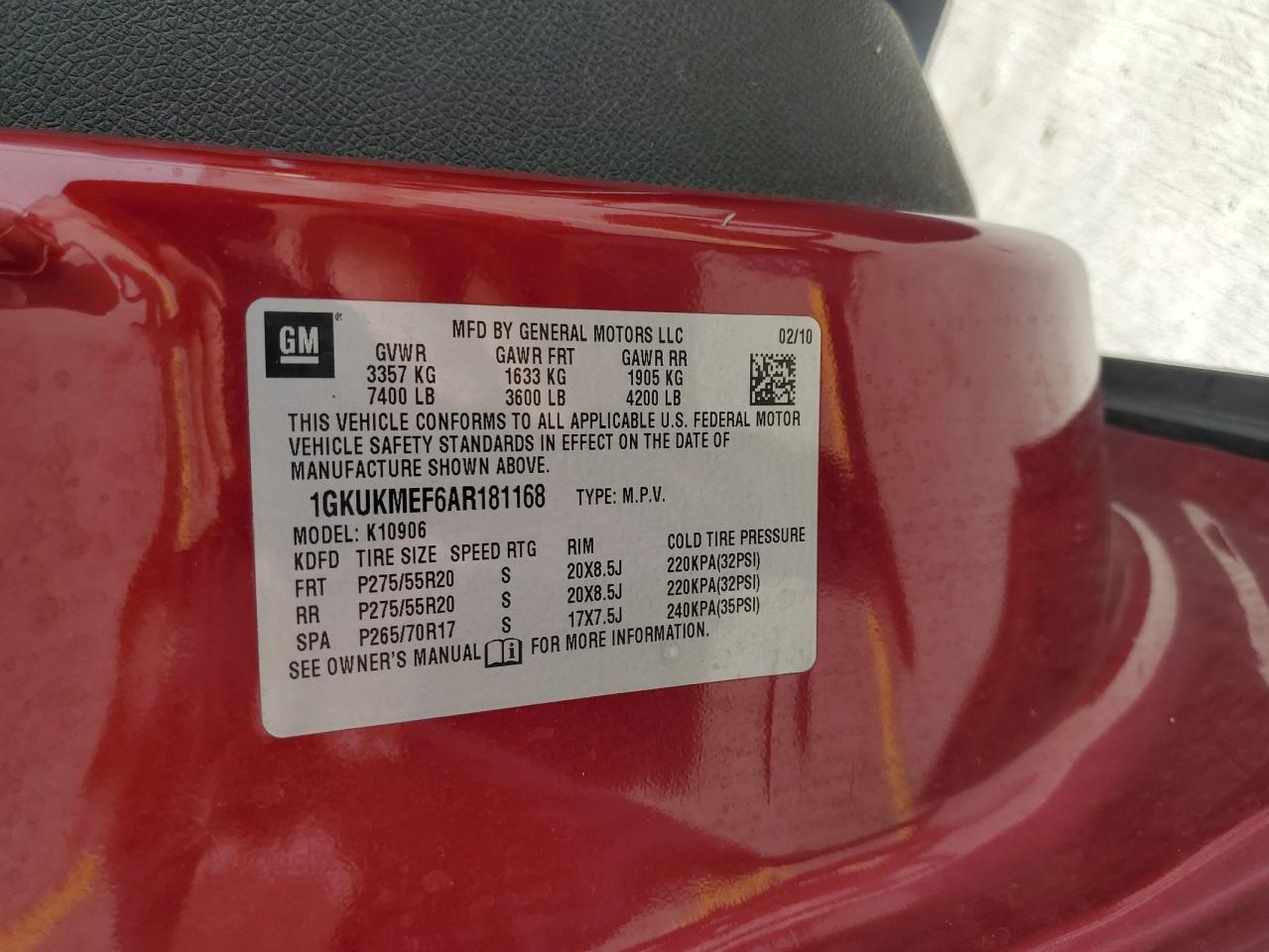 2010 GMC Yukon Xl Denali VIN: 1GKUKMEF6AR181168 Lot: 92348245