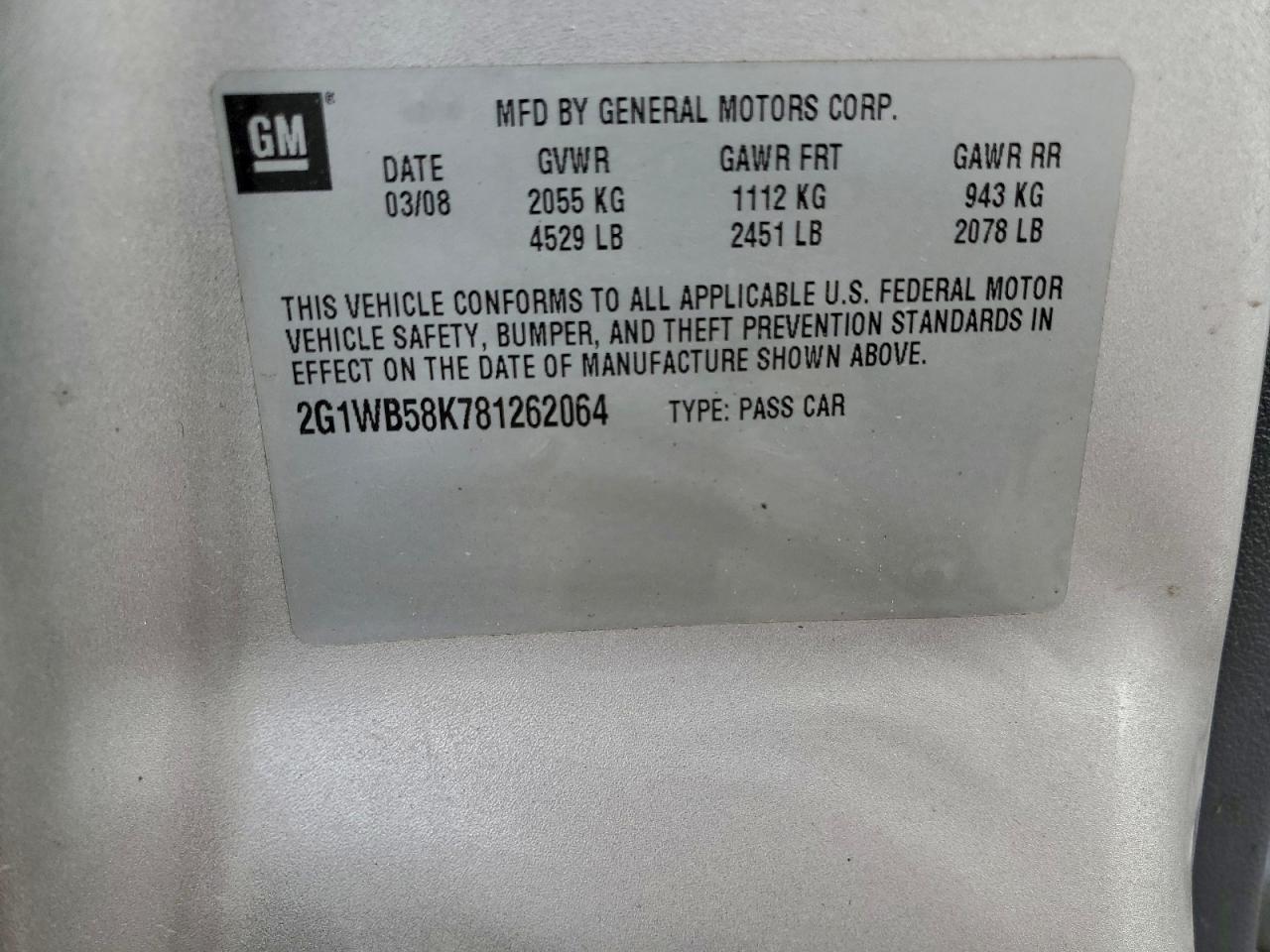 2008 Chevrolet Impala Ls VIN: 2G1WB58K781262064 Lot: 92752665