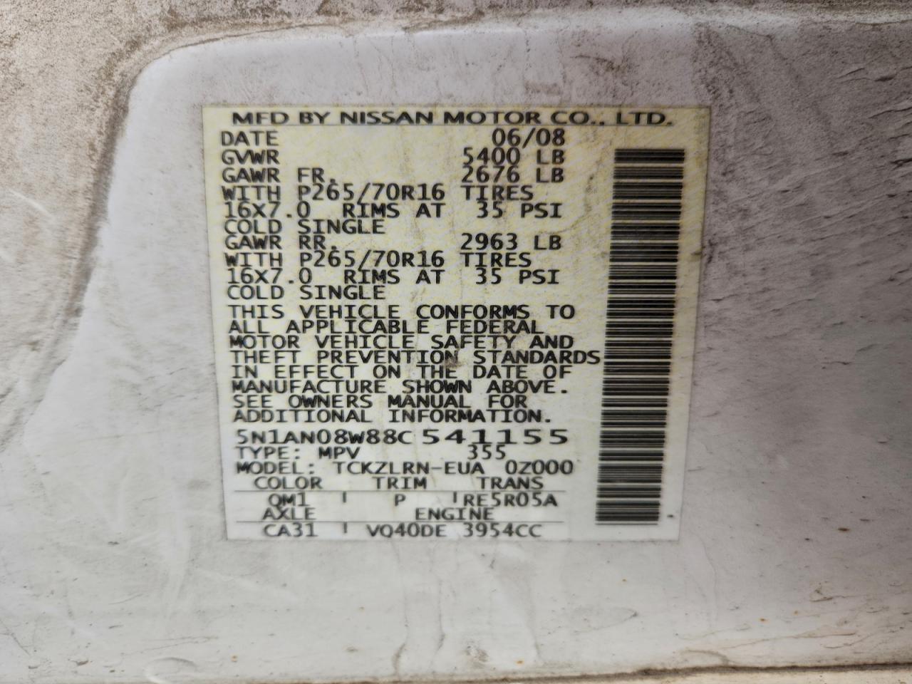 2008 Nissan Xterra Off Road VIN: 5N1AN08W88C541155 Lot: 92891175