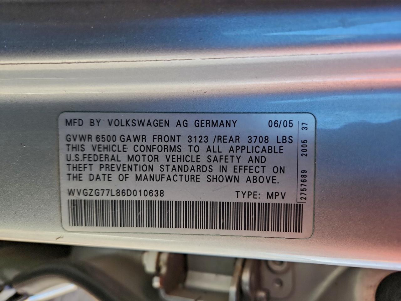 2006 Volkswagen Touareg 3.2 VIN: WVGZG77L86D010638 Lot: 94065535