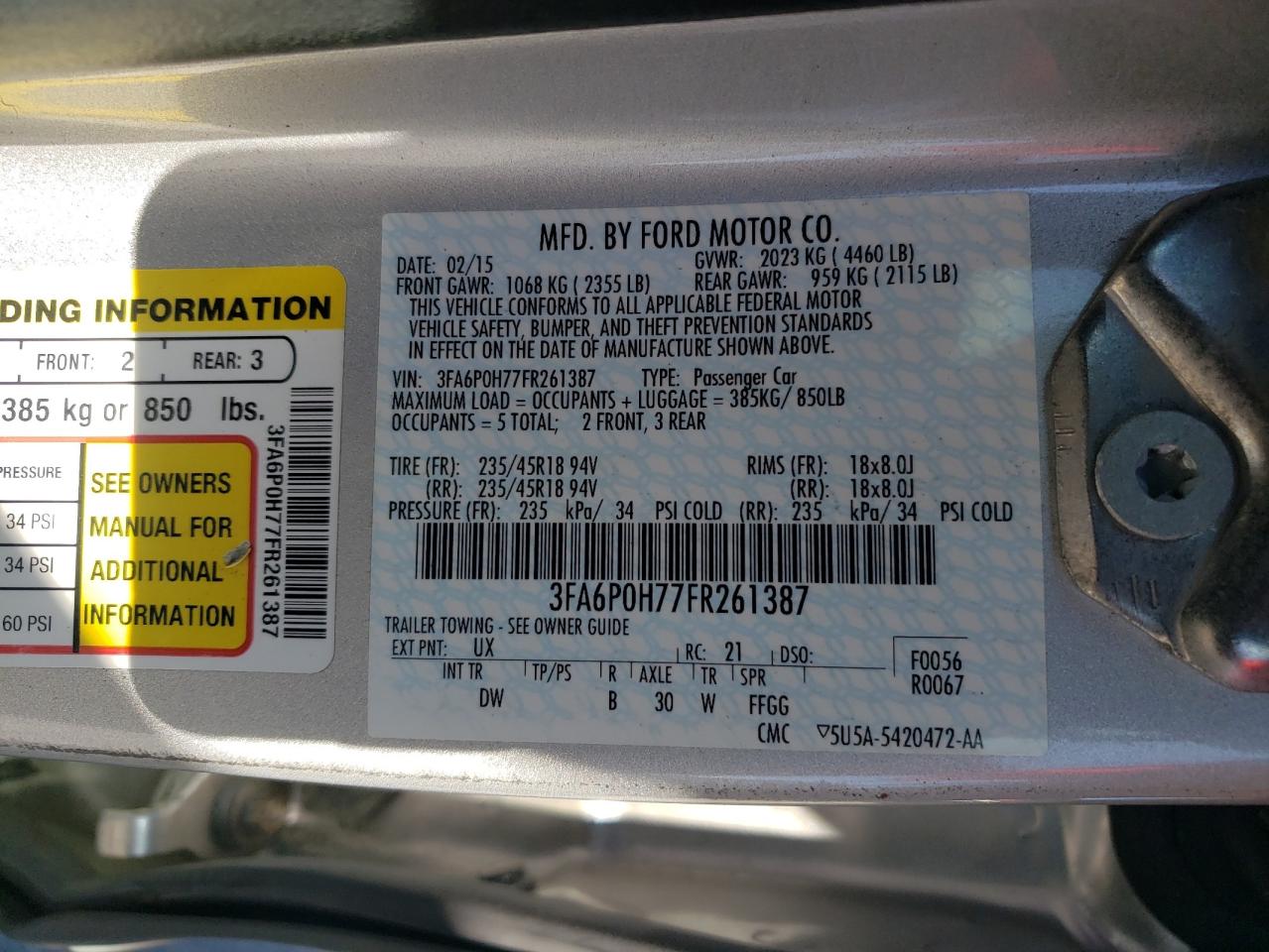 2015 Ford Fusion Se VIN: 3FA6P0H77FR261387 Lot: 91584855