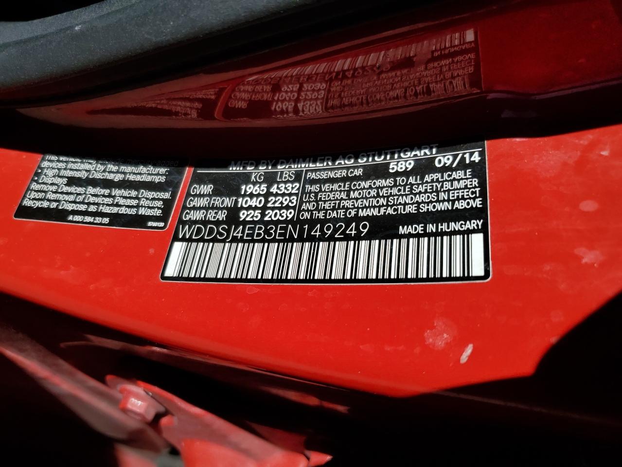 2014 Mercedes-Benz Cla 250 VIN: WDDSJ4EB3EN149249 Lot: 91300585