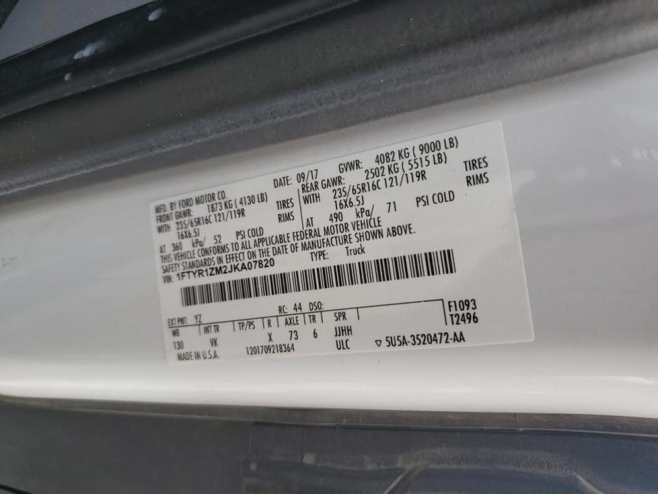 2018 Ford Transit T-250 Delivery Van VIN: 1FTYR1ZM2JKA07820 Lot: 90073255