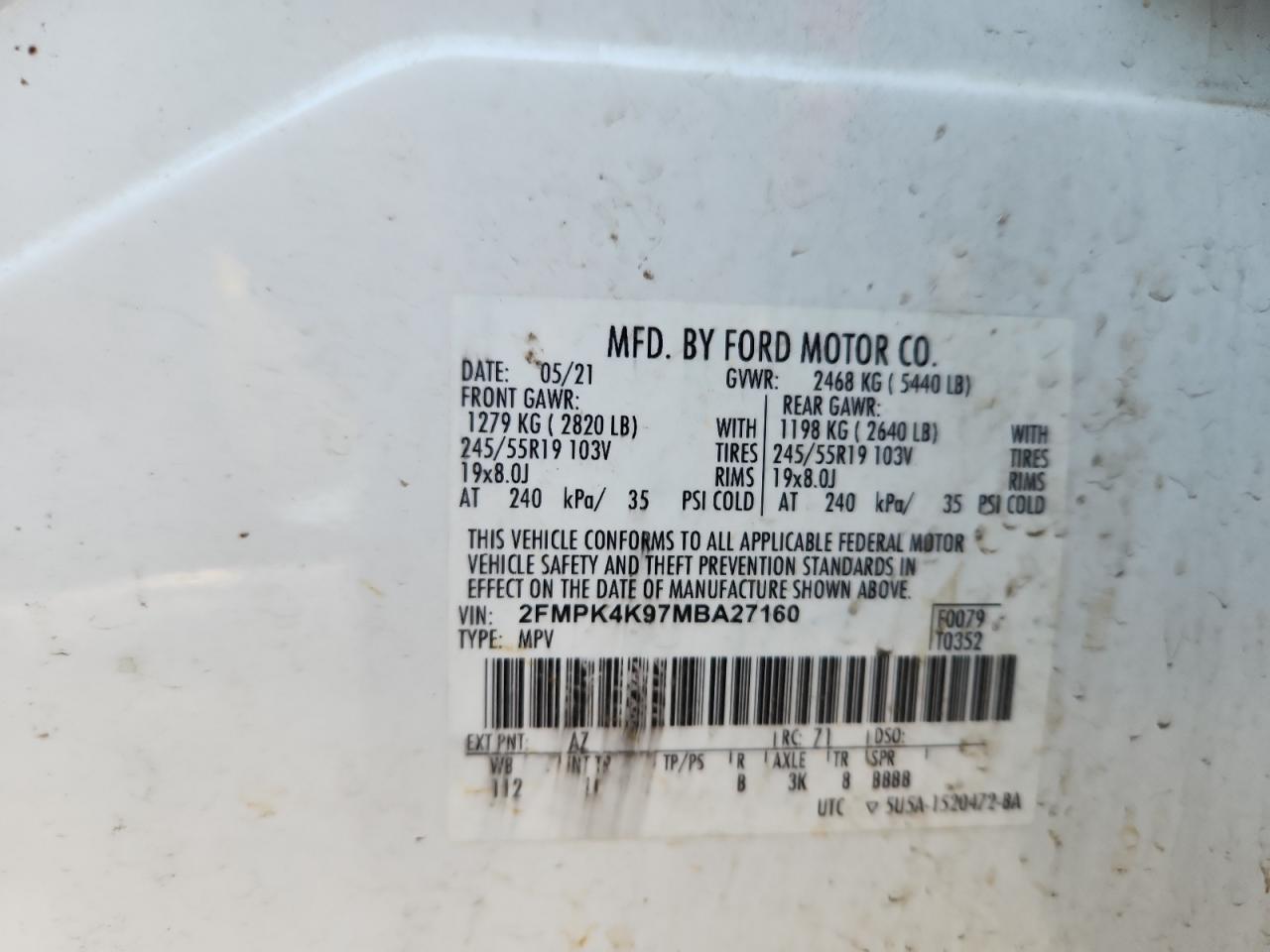 2021 Ford Edge Titanium VIN: 2FMPK4K97MBA27160 Lot: 92302325