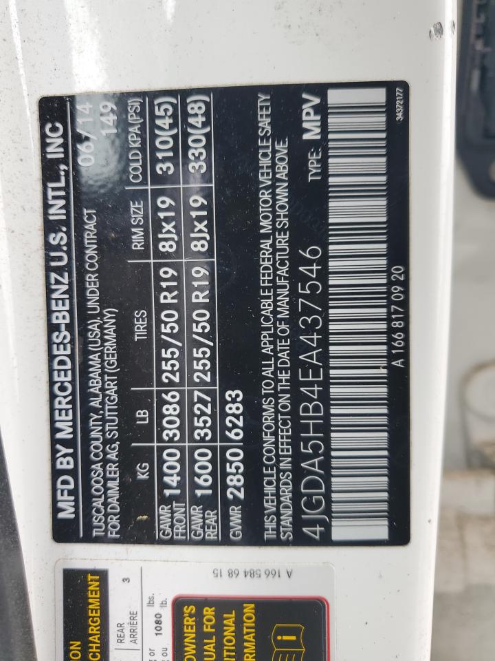 2014 Mercedes-Benz Ml 350 4Matic VIN: 4JGDA5HB4EA437546 Lot: 89711365